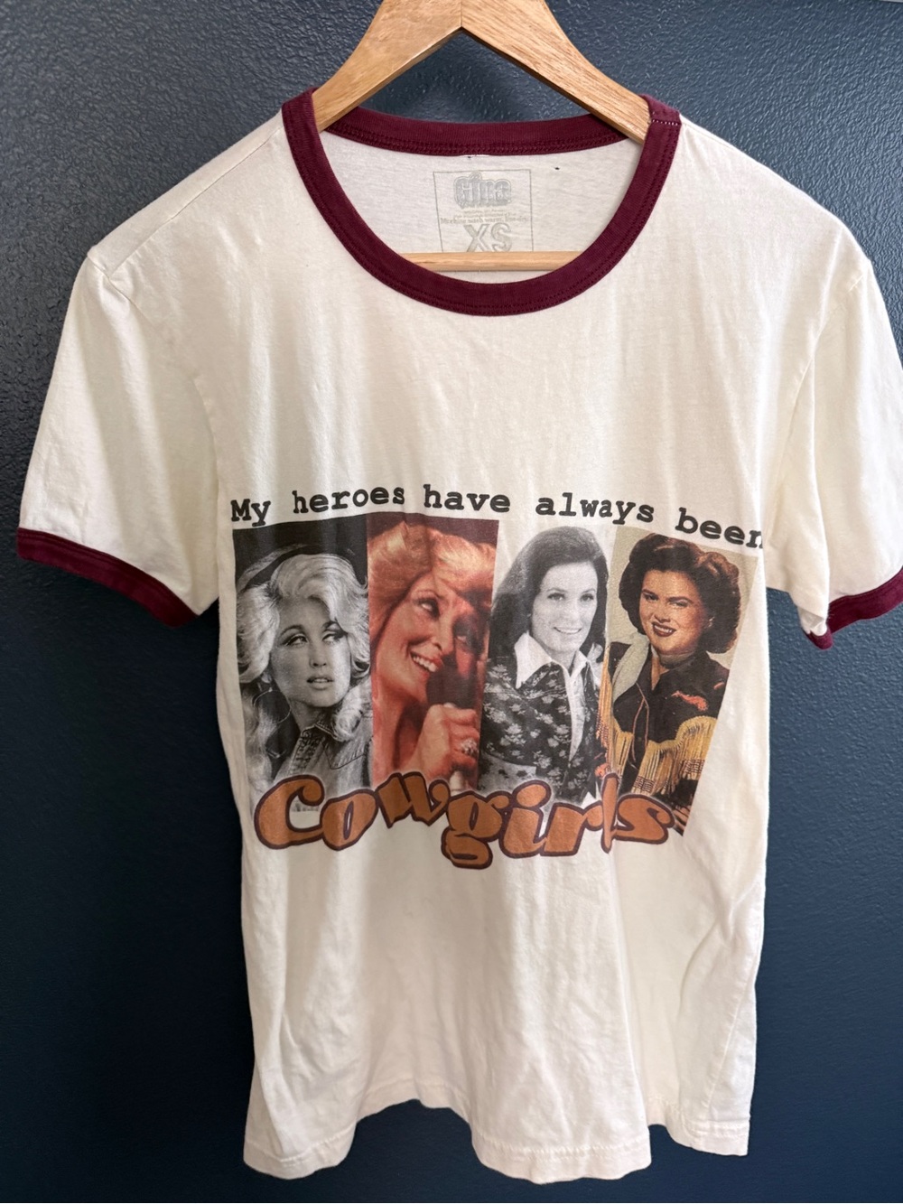 Vintage-Inspired Cream Ringer Tee with Burgundy Trim - Cowgirls Graphic